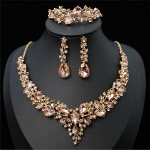 Rose Gold Necklace Earrings Bracelet Set Crystal Rhinestones Bridal Party Prom